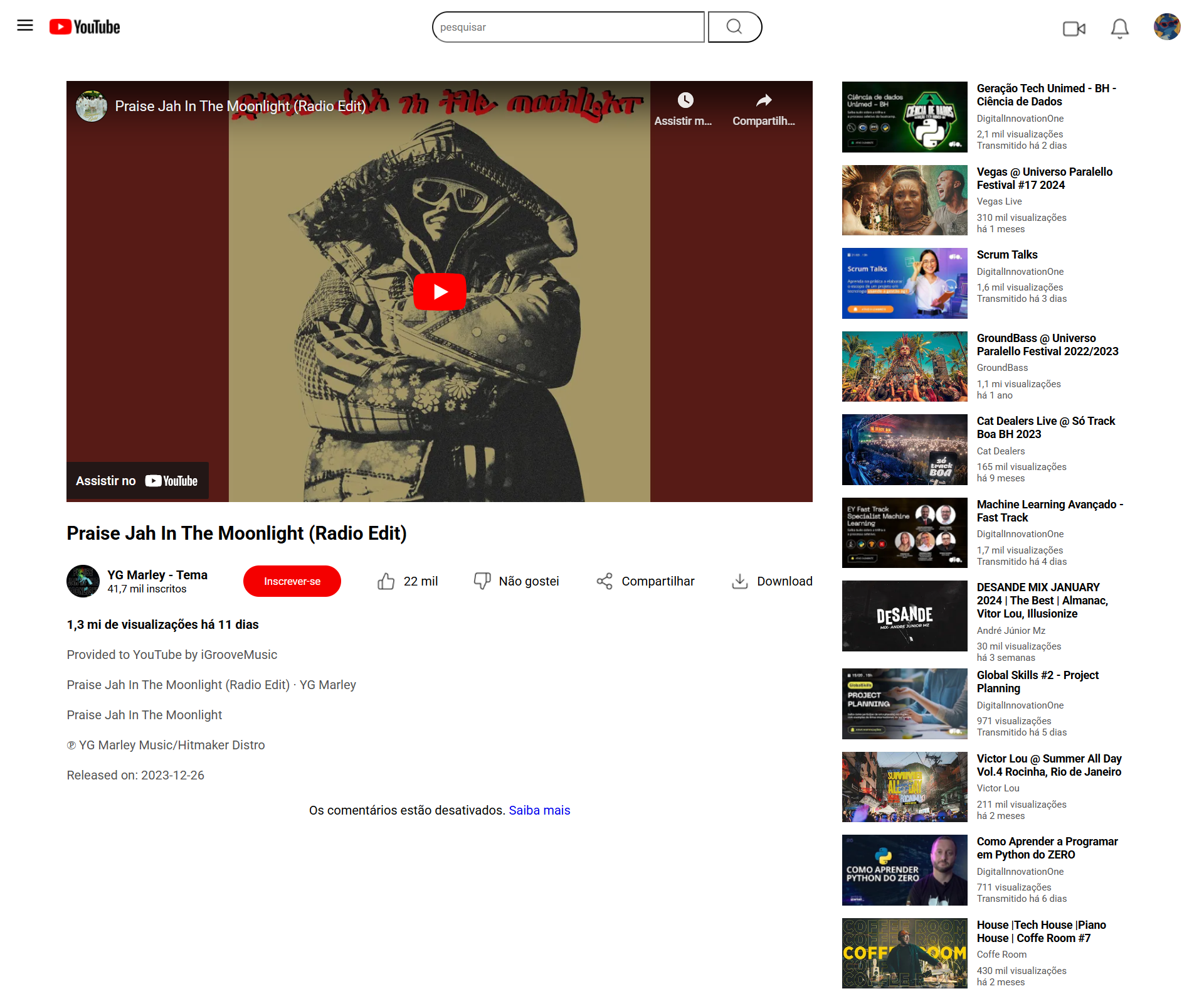 Página do player do Youtube